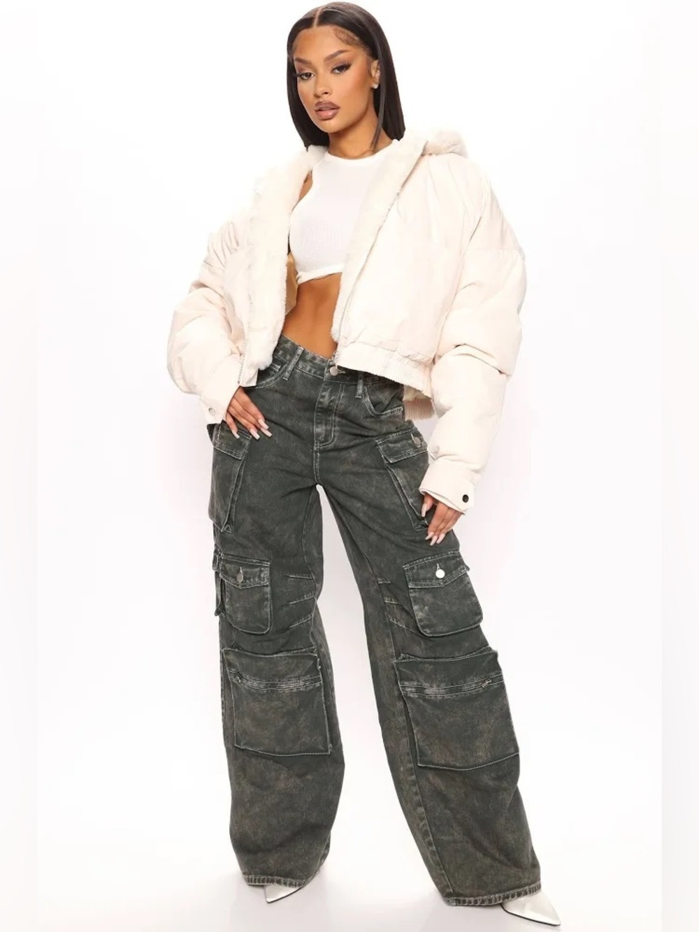 NEW Fashion Nova Lily High Rise Cargo Jeans in Green
